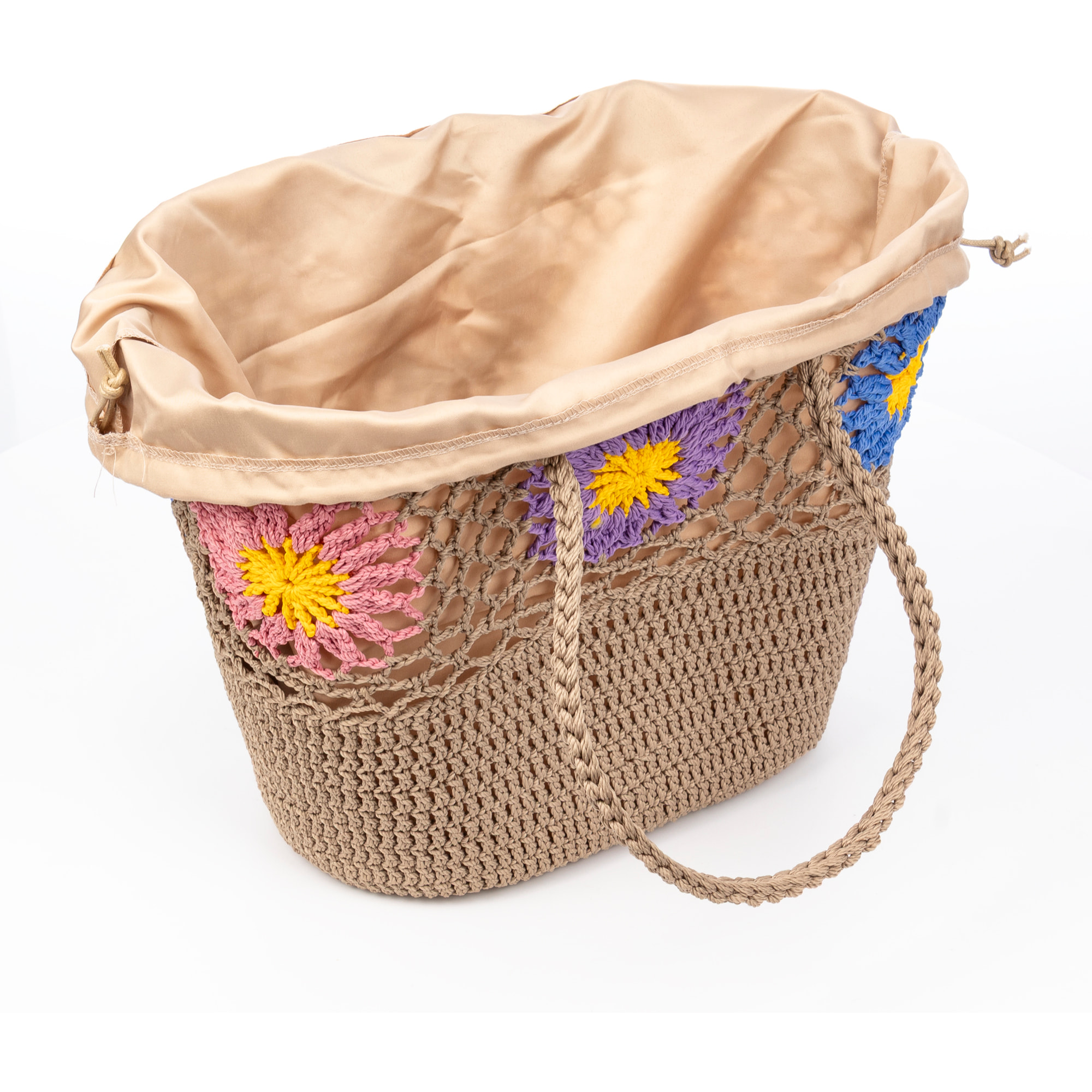 Villaga bolso de hombro mujer. Fabricado en algodón, con flores decorativas.