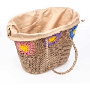 Villaga bolso de hombro mujer. Fabricado en algodón, con flores decorativas.
