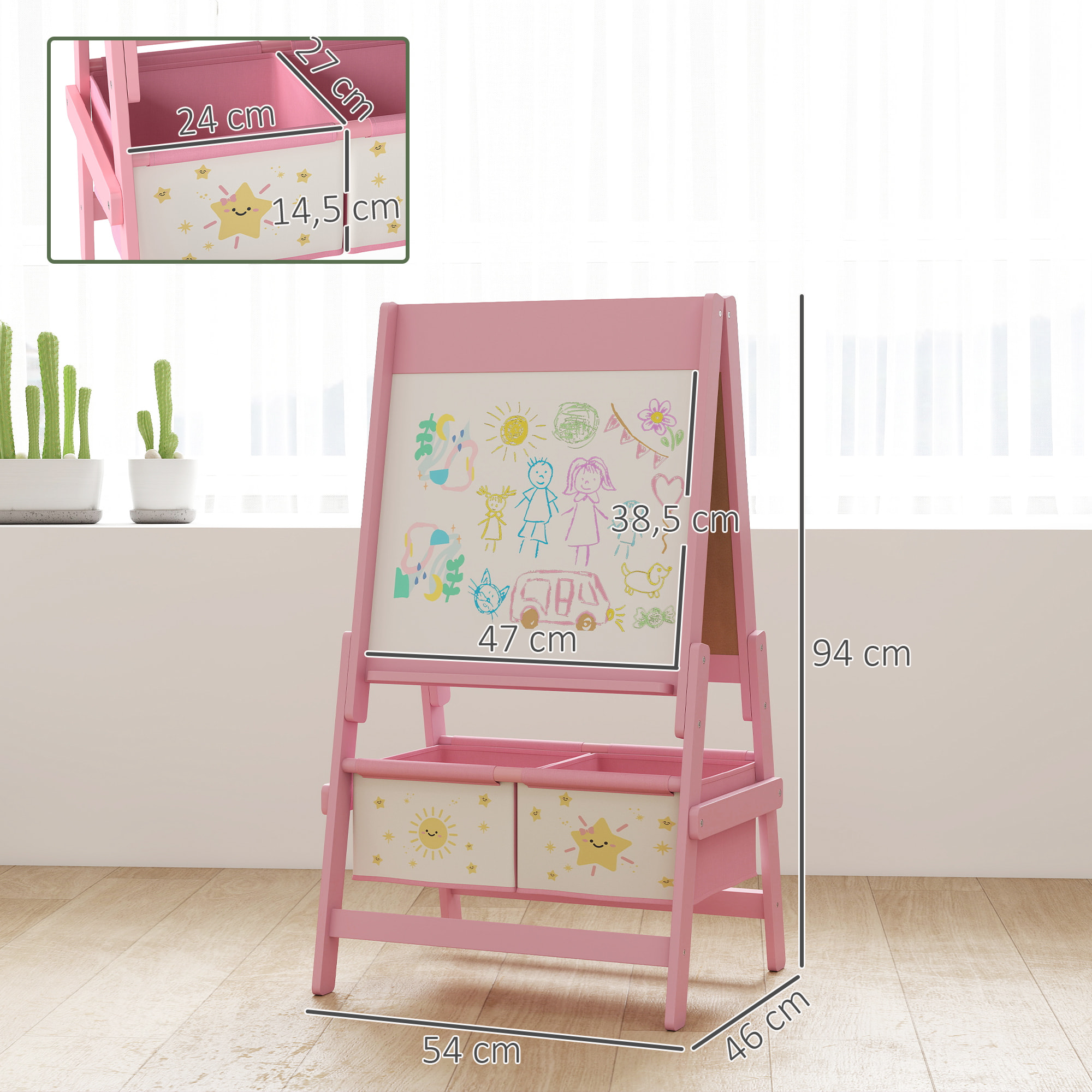 Tableau chevalet enfant - tableau blanc, tableau à craie, rouleau papier 3 en 1 - paniers rangement intégrés - MDF pin rose