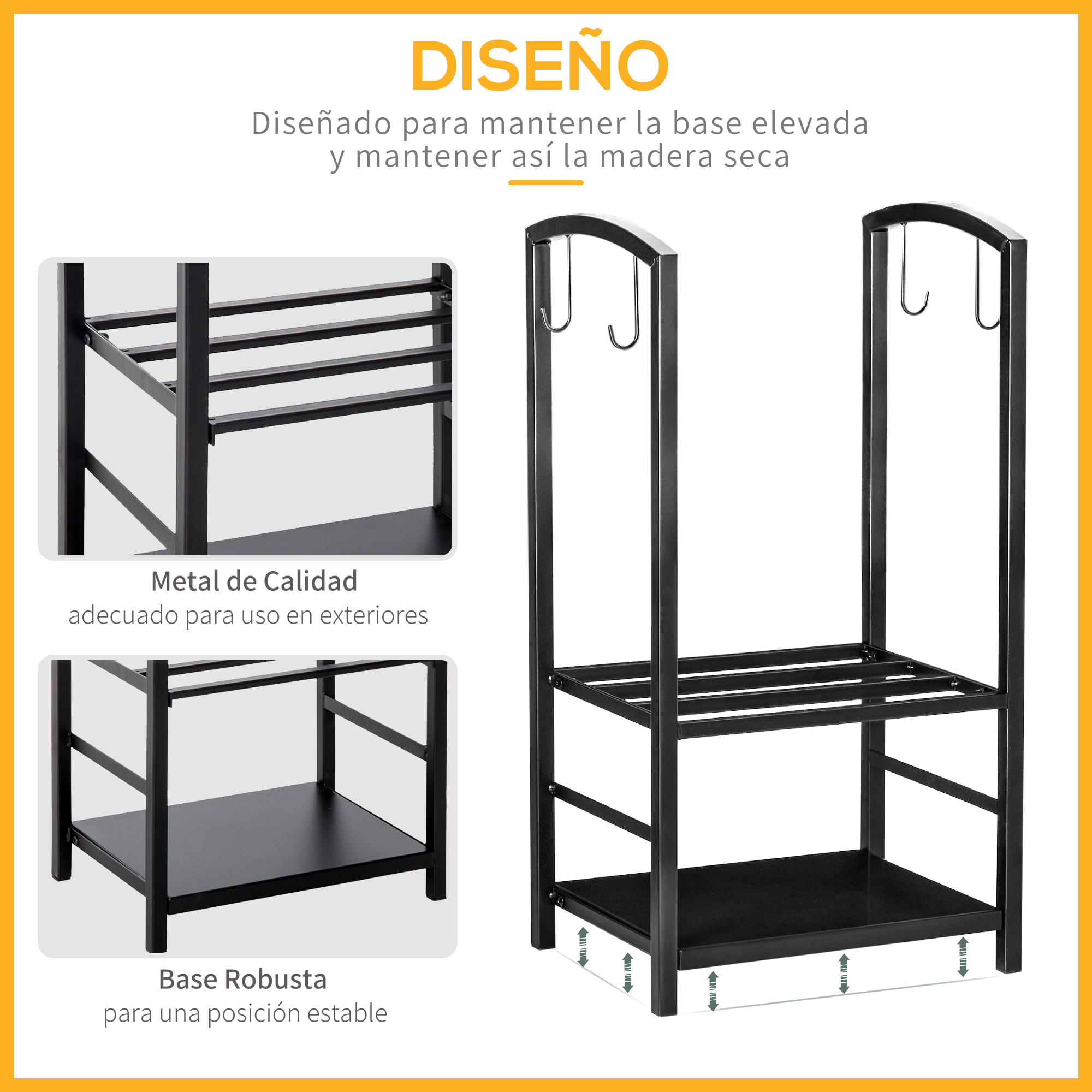 Estante de Leña para chimenea 40x30x74,5 cm Soporte para Leña de 2 Niveles Leñero Exterior e Interior Metálico con 4 Herramientas para Chimenea Carga Máx.100 kg Negro