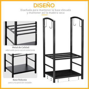 Estante de Leña para chimenea 40x30x74,5 cm Soporte para Leña de 2 Niveles Leñero Exterior e Interior Metálico con 4 Herramientas para Chimenea Carga Máx.100 kg Negro