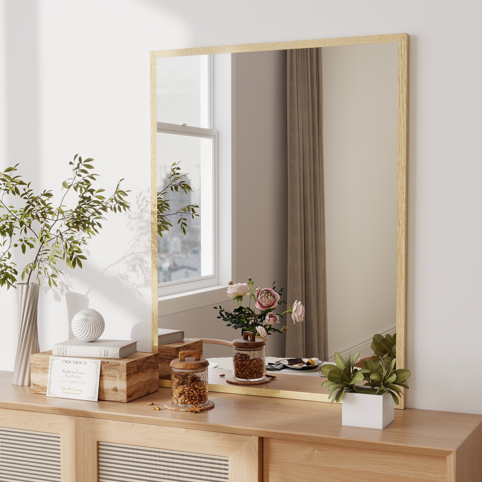 Espejo de Pared, 70x90 cm, Espejo de Baño Rectangular, Decorativo para Salón, Entrada, Pasillo, Horizontal o Vertical, Natural