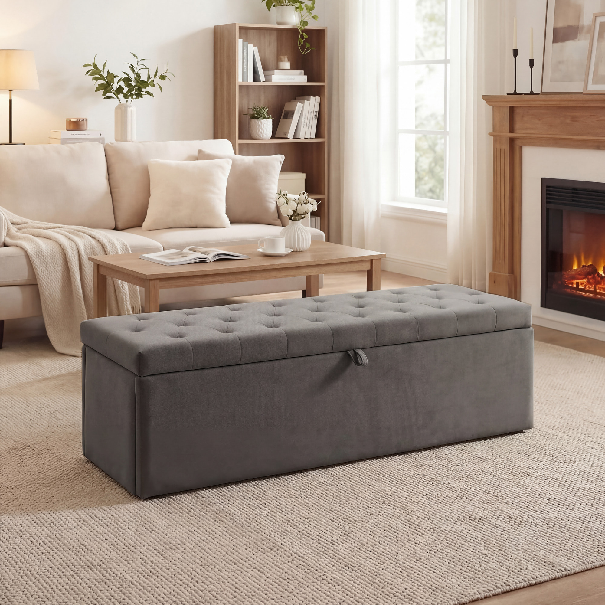 Puff Almacenaje, Banco Almacenaje, 141L, 137x41x42 cm, Tapizado en Terciopelo, Baúl de Almacenamiento, Carga 240 kg, Taburete para Sala de Estar, Dormitorio, Entrada, Gris