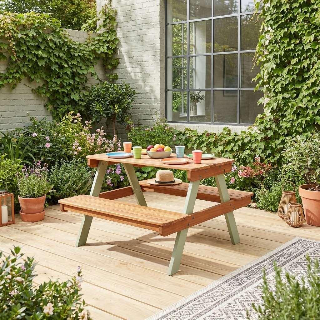 Table de pique-nique, salon de jardin enfant bois d'acacia 2 places CAROLINE