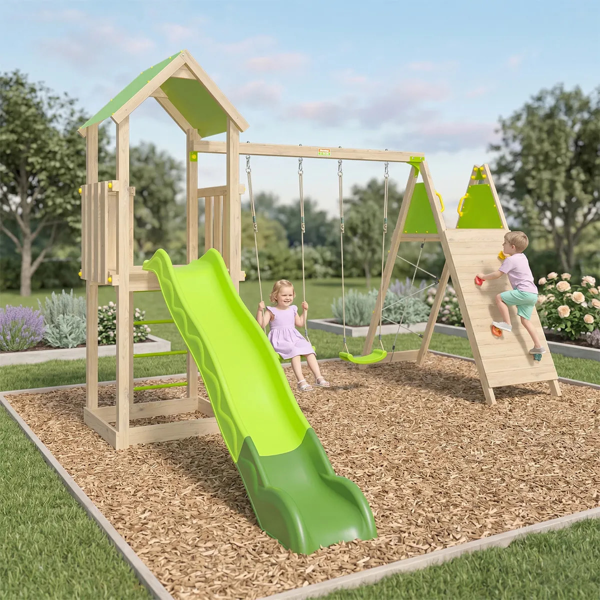 Aire de jeux bois 2,20 m OLYMPIA XPERIENCE vert - 9 enfants