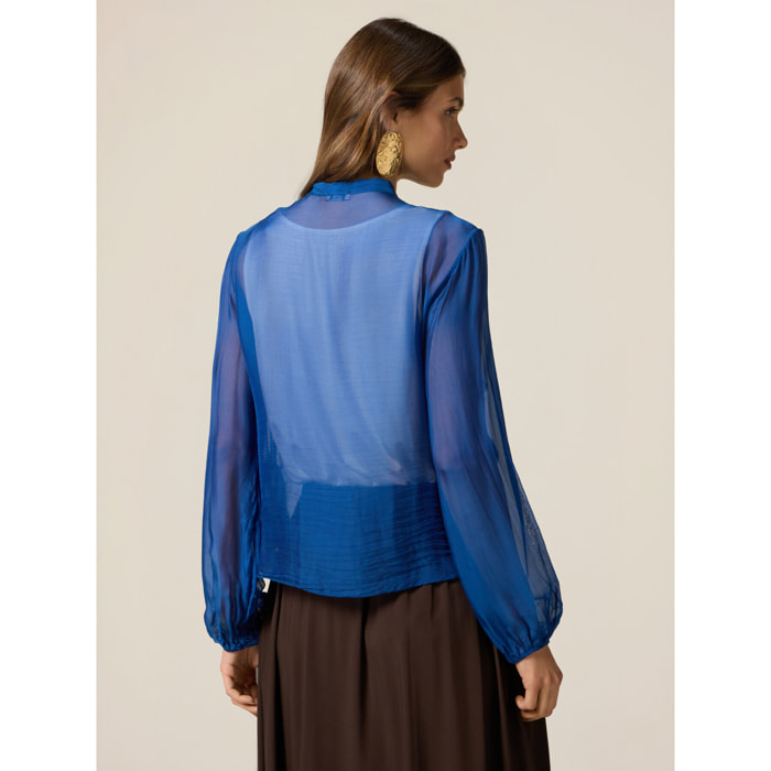Oltre - Camicia misto seta con volant - Blu