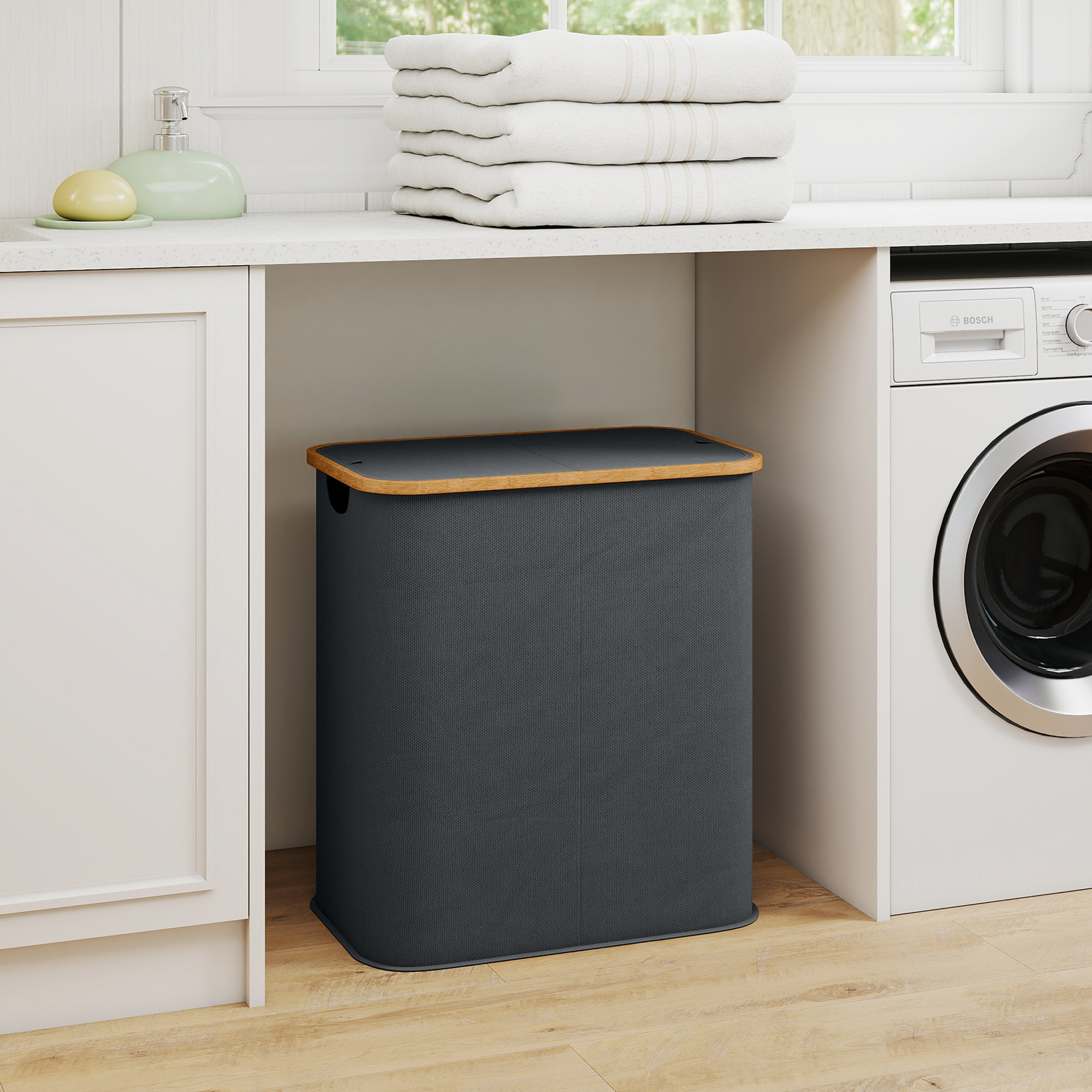 Panier à linge double pliable 80L - corbeille à linge sale avec couvercle et poignées - bambou non tissé gris