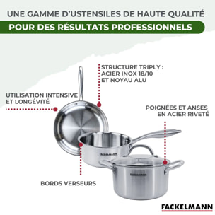 Poêle à Frire, Casseroles, Faitouts inox 18/10 Triply et couvercle Fackelmann Vita3