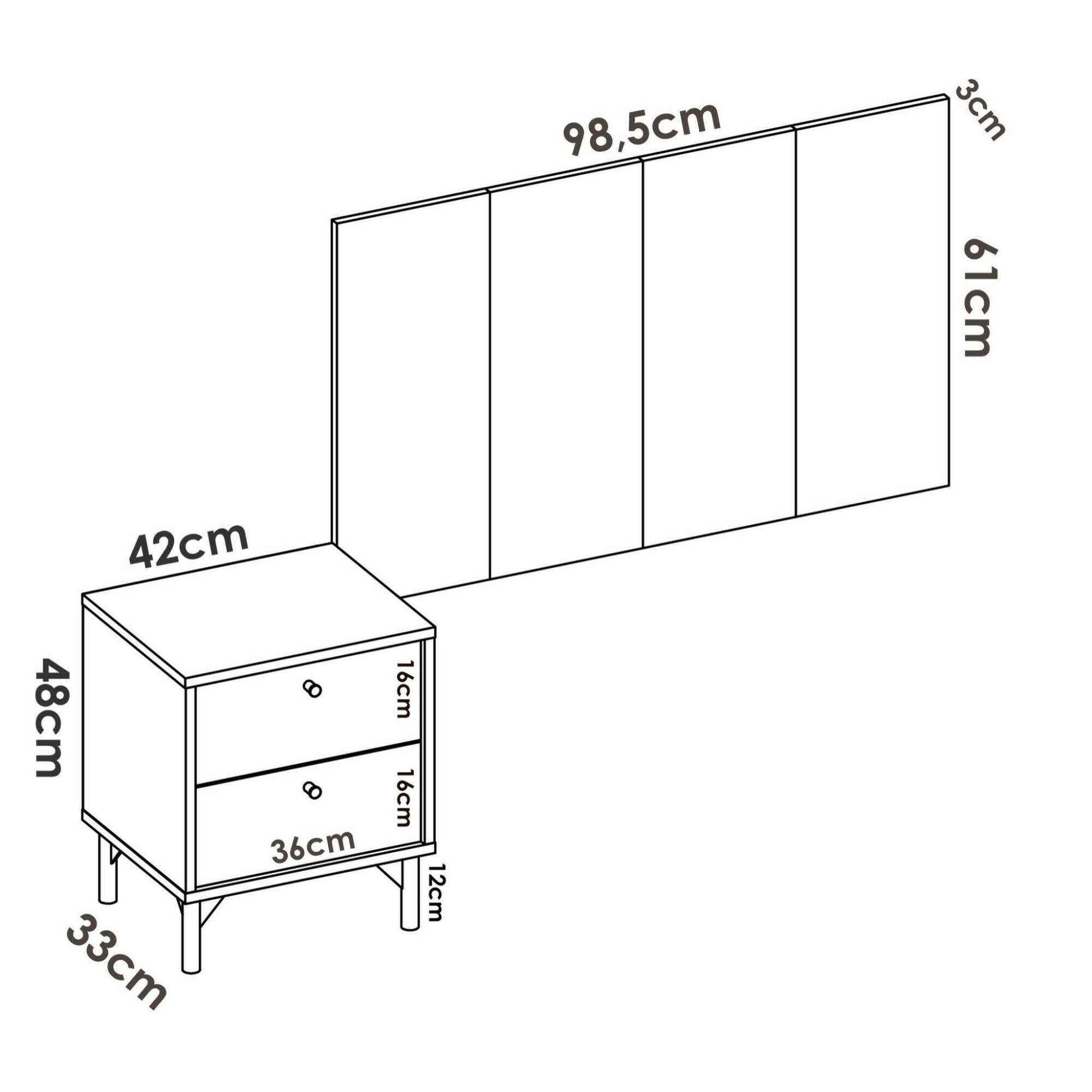 Testiera letto Colombine, Spalliera letto per camera singola, Testata per letto singolo con 1 comodino, 99x3h61 cm, Rovere e Antracite