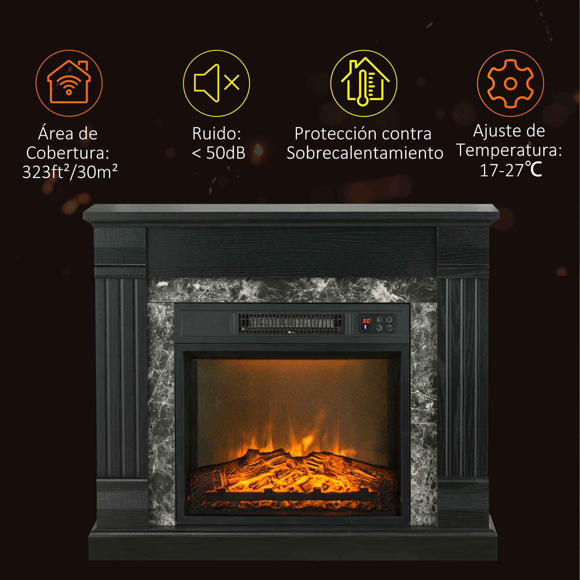 Chimenea Eléctrica 1800W Chimenea Decorativa con Efecto de Llama Mando a Distancia Temporizador Termostato Protección Contra Sobrecalentamiento para Sala 30 m² Negro