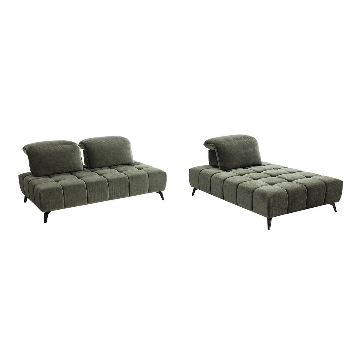 Canapé modulable 4 places avec têtières ajustables en tissu effet velours vert kaki et métal noir OLMO