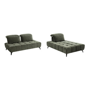 Canapé modulable 4 places avec têtières ajustables en tissu effet velours vert kaki et métal noir OLMO