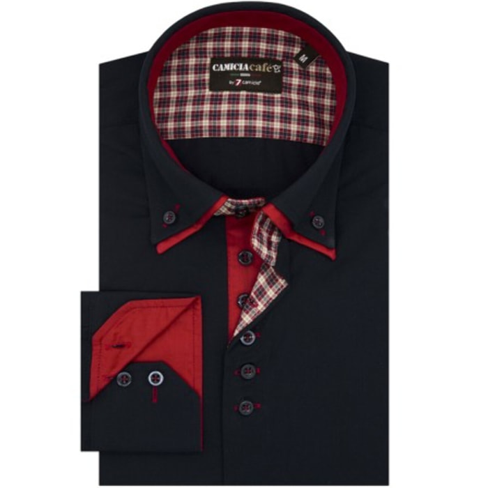 Camicia Uomo 2 Bottoni Button Down Doppio Collo 7 Bottoni Slim Cotone Poliestere Unito Blu