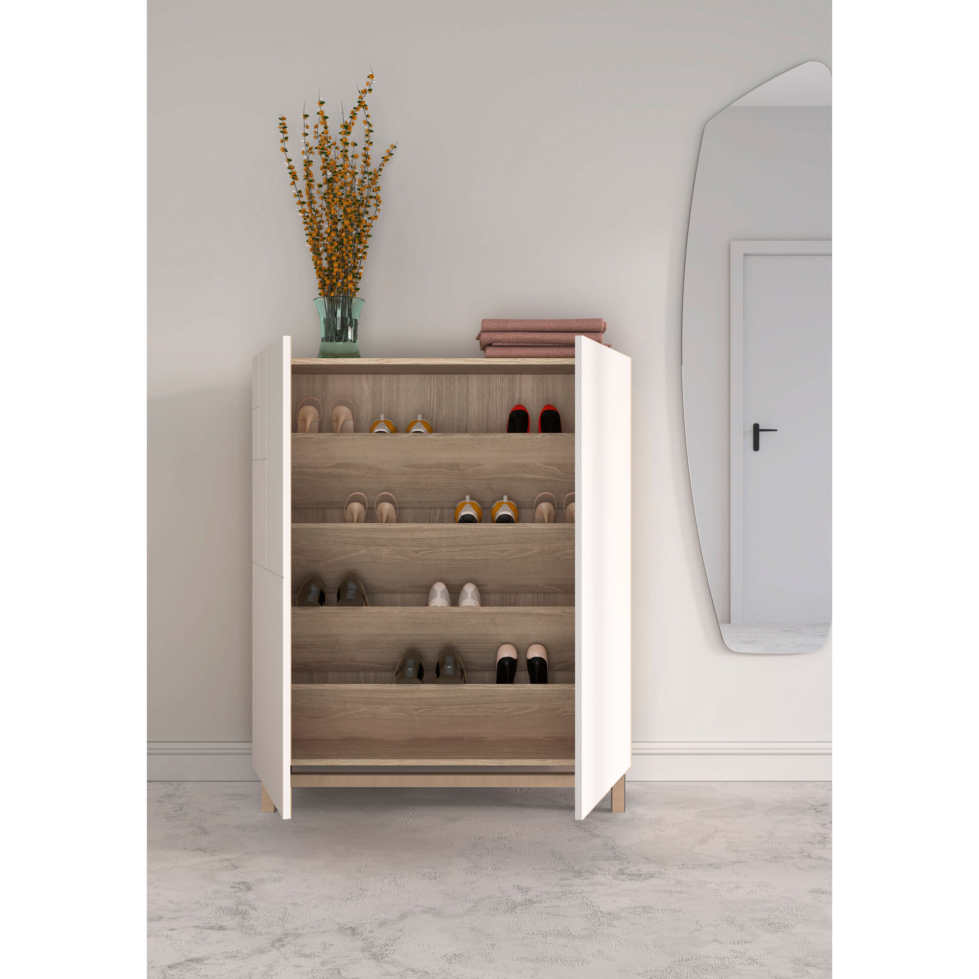 Zapatero melamina Volda roble claro puertas blanco patas roble 112x90x27cm