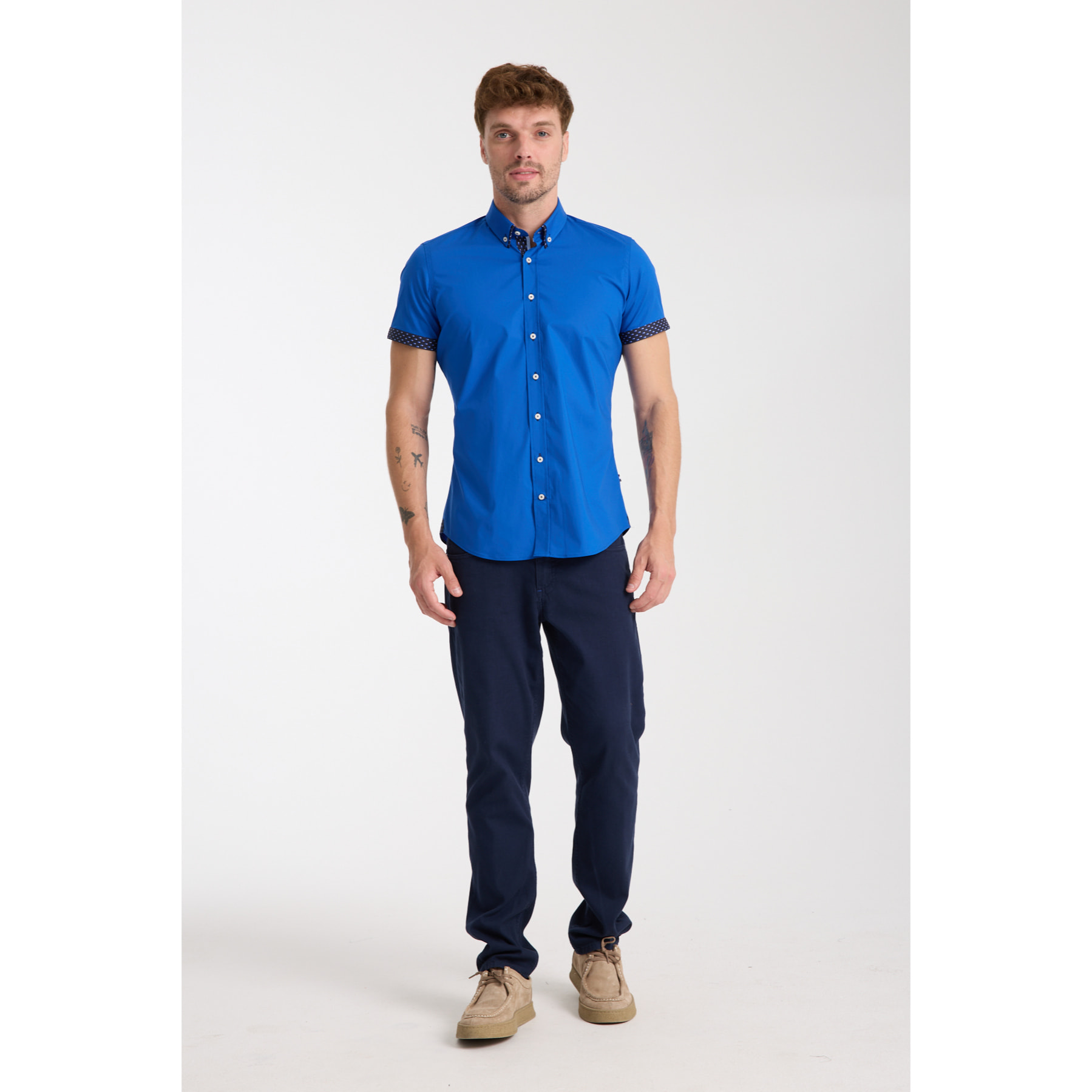 camicia uomo slim 1 bottone button down doppio collo Popeline Stretch Unito Bluette