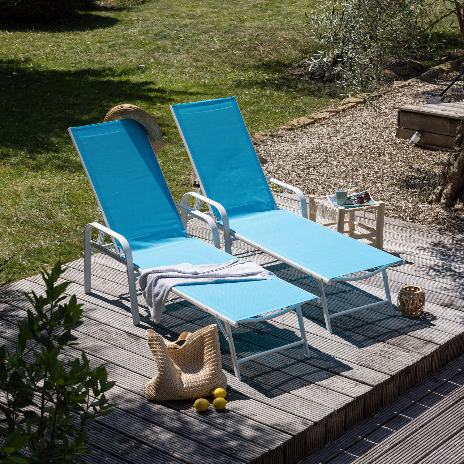 Lot de 2 bains de soleil SARDINIA en textilène bleu - structure blanche