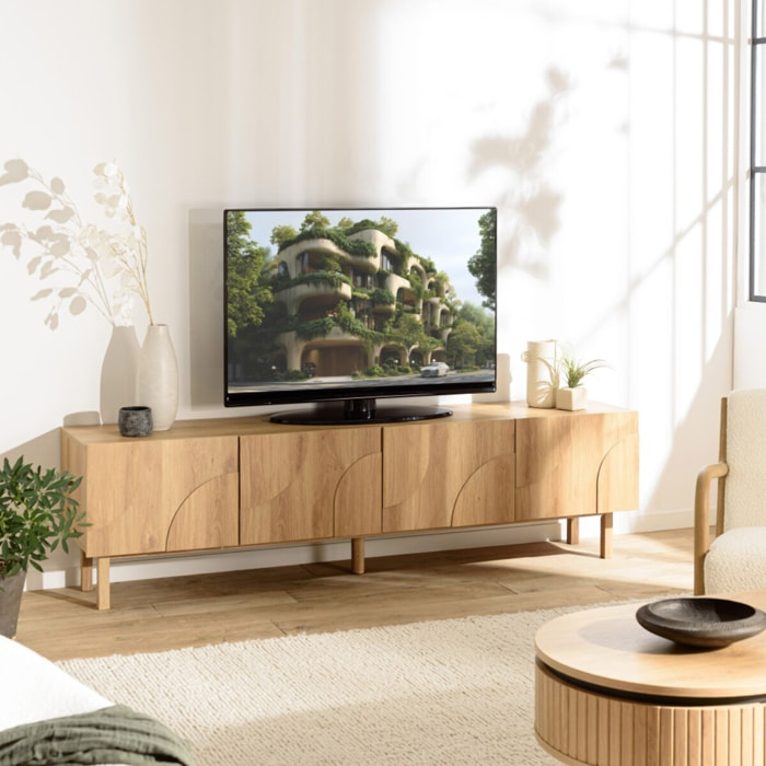 ETHAN - Meuble TV bois couleur naturelle 4 portes décor motif arrondi