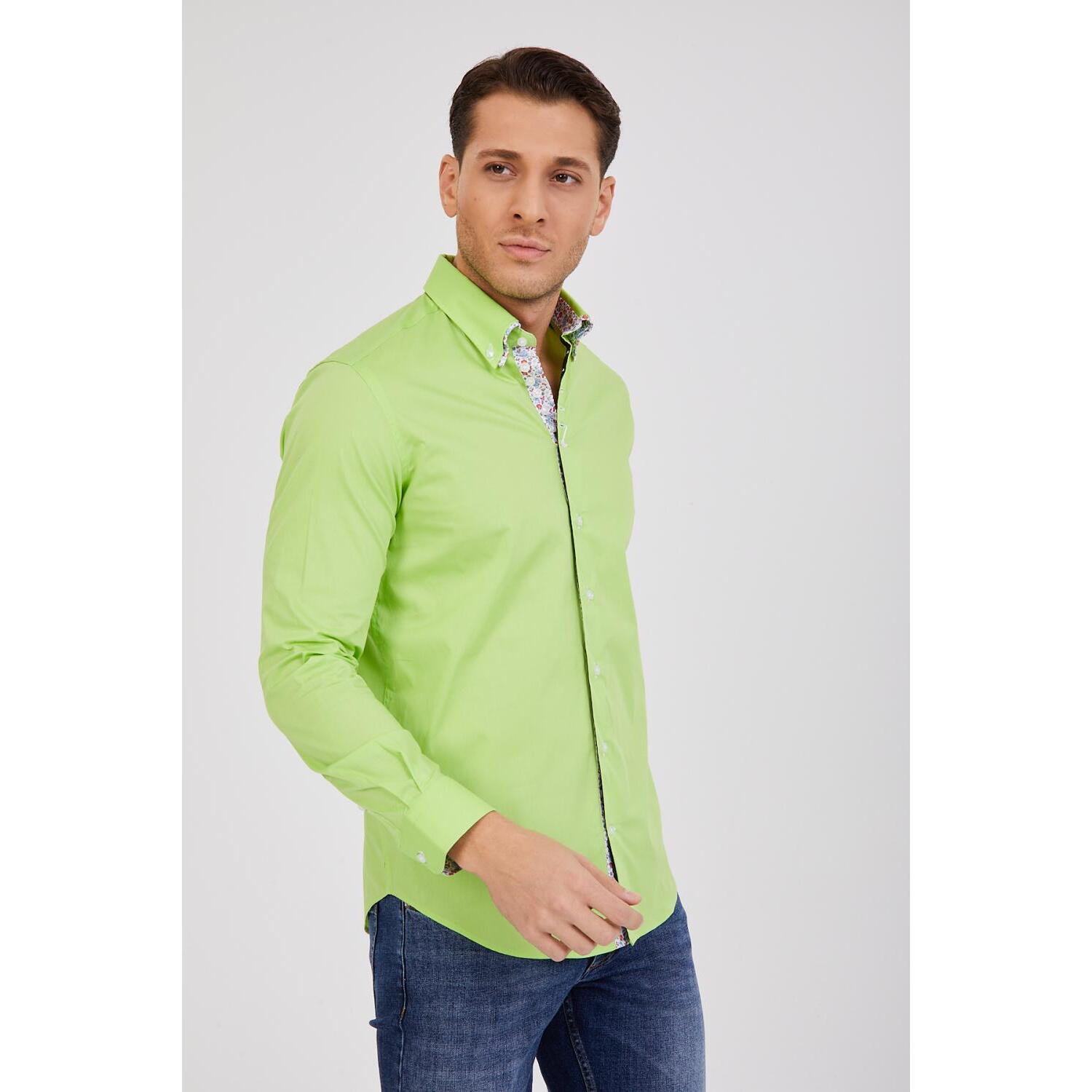 Camicia Uomo 1 Bottone Button Down Doppio Collo Piccolo Popeline Stretch Unito Verde Chiaro