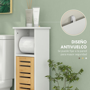 Columna de Baño Moderna Mueble Auxiliar de Baño con Portarrollos de Papel Estantes Ajustable y Puerta de Bambú Anti-vuelco 21x17x78 cm Blanco y Natural