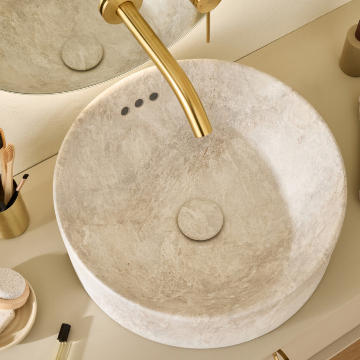 Vasque ronde à poser Vox marbre travertin sable + bonde