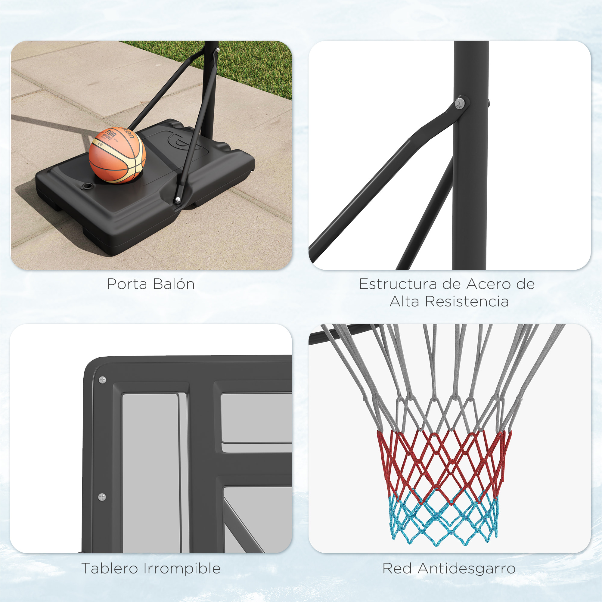 Canasta de Baloncesto de Exterior 2 en 1 con Altura Ajustable 230-305 cm Aro de Baloncesto para Piscina con Soporte Canasta de Baloncesto con Ruedas Base Rellenable Negro