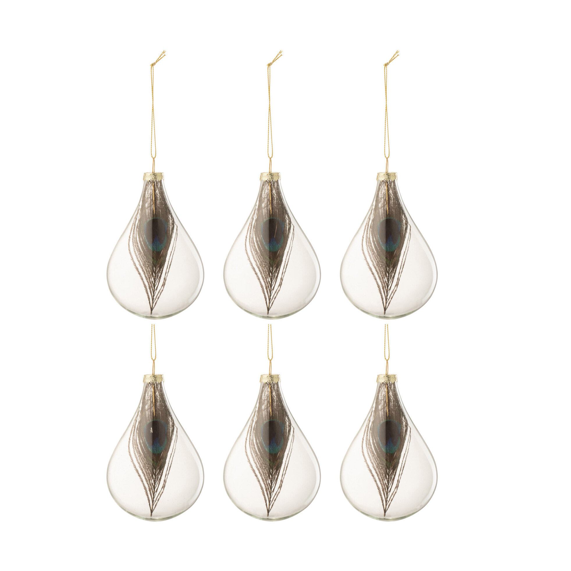 J-Line boule De Noël Goutte Plumes De Paon - verre - transparent - small - boîte de 6