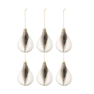 J-Line boule De Noël Goutte Plumes De Paon - verre - transparent - small - boîte de 6