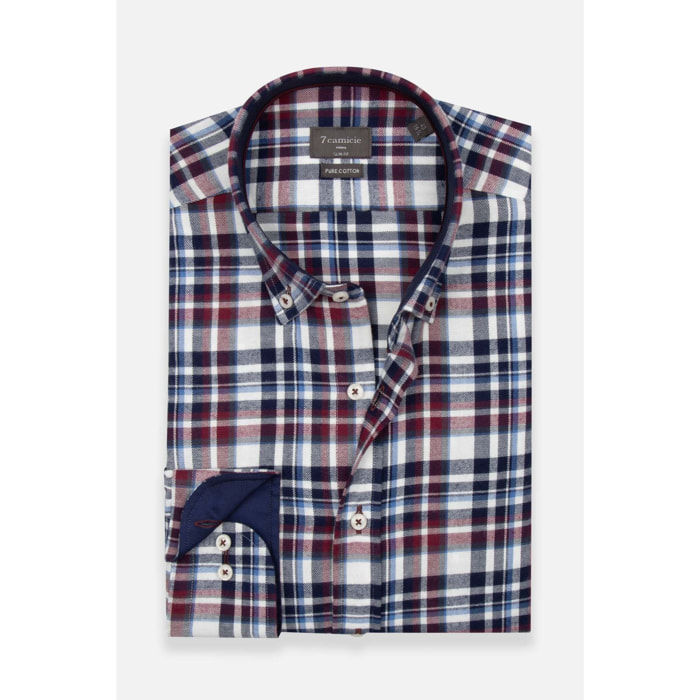 camicia uomo 1 bottone button down slim Flanella Quadro Medio Blu/Bordeaux