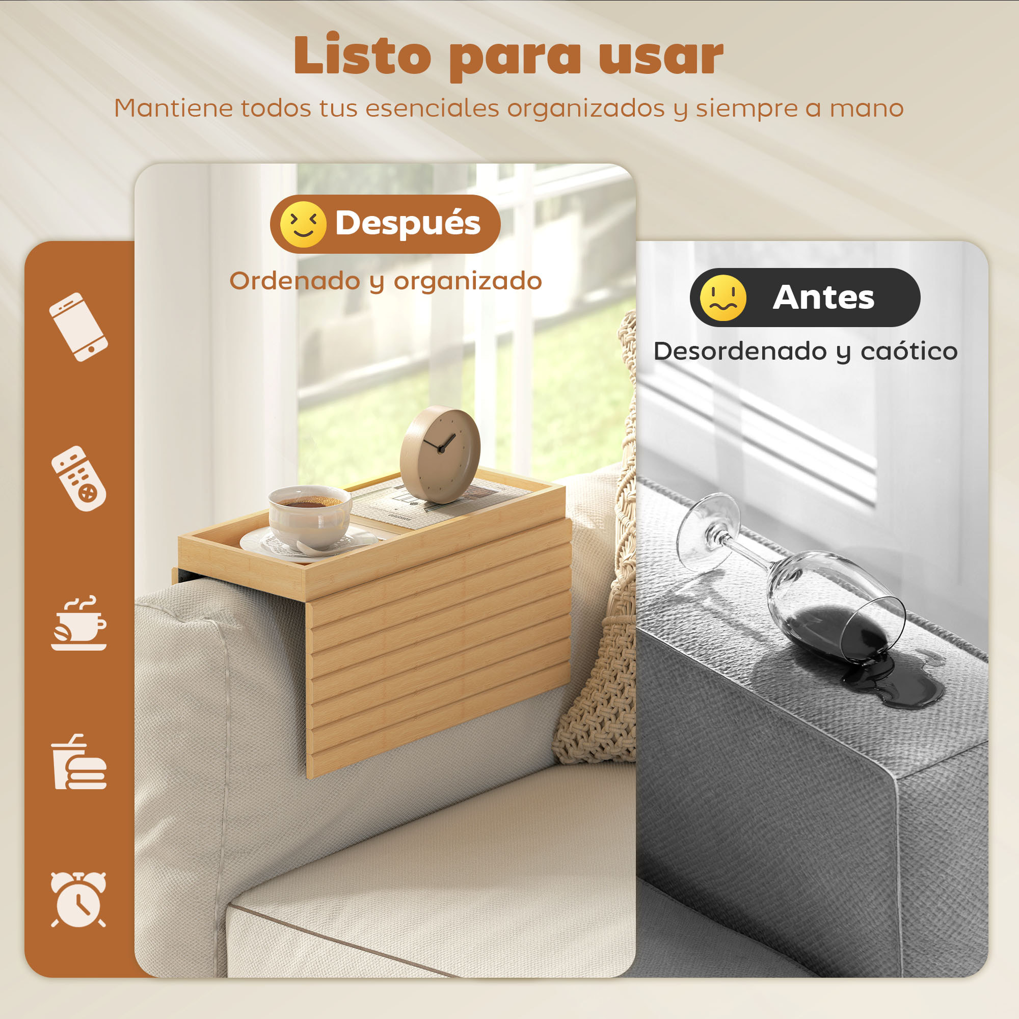Bandeja de Brazo para Sofá de Bambú, Bandeja para Reposabrazos de Sofá Plegable y Flexible, con Base Antideslizante, Mesa Lateral para Aperitivos, Teléfonos, Mandos y Bebidas, Natural