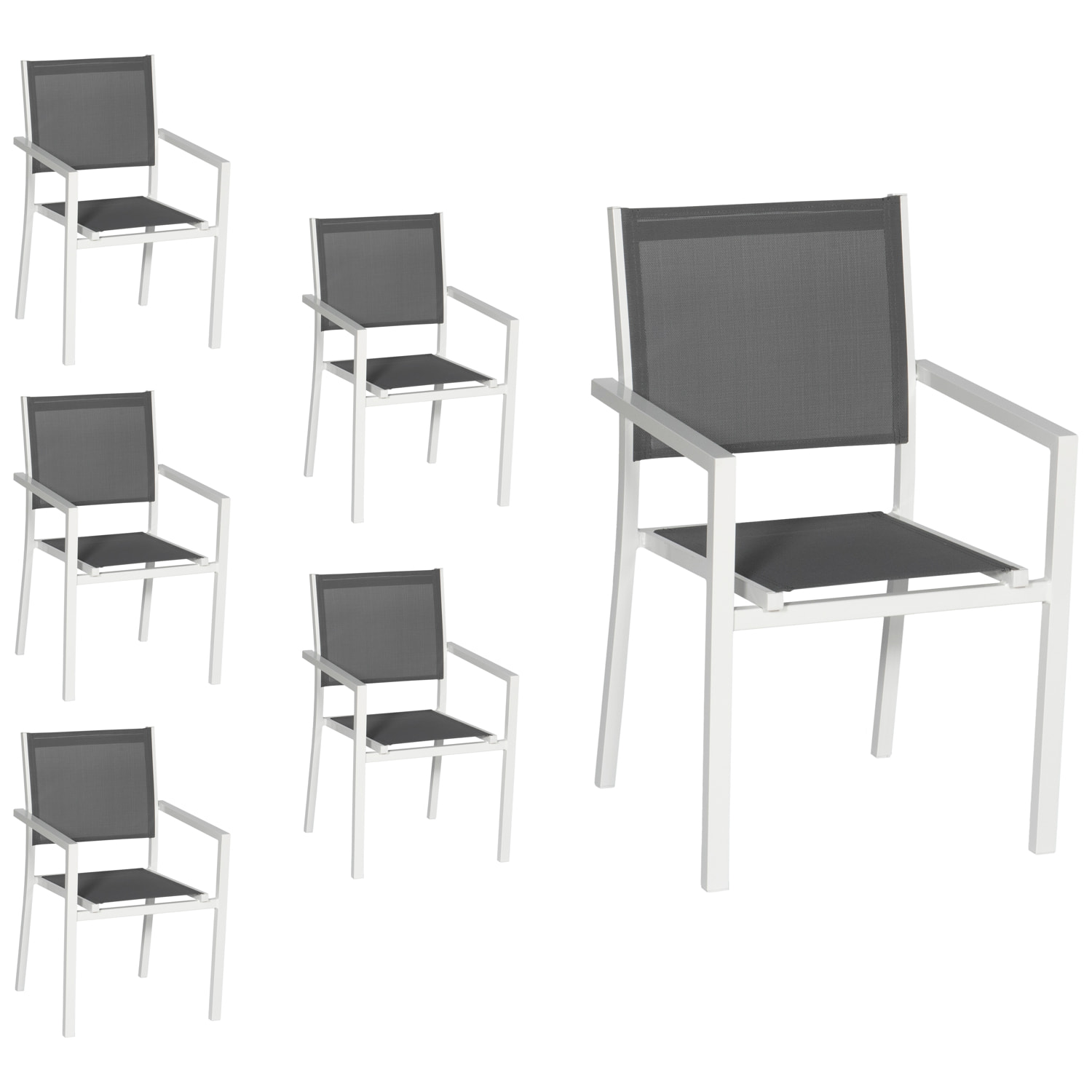 Lot de 6 chaises en aluminium blanc - textilène gris