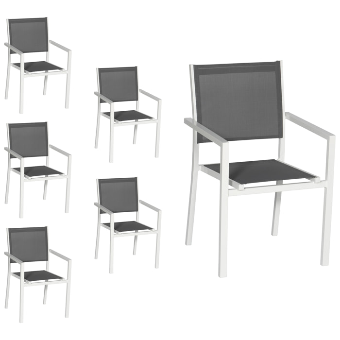 Lot de 6 chaises en aluminium blanc - textilène gris