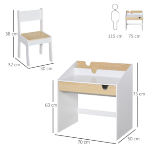 Escritorio para Niños con Silla de 3 a 6 Años Pupitre Infantil 2 en 1 Conjunto de Escritorio 2 Piezas con Cajón y Eatantes de Libros 70x50x75 cm Blanco y Natural