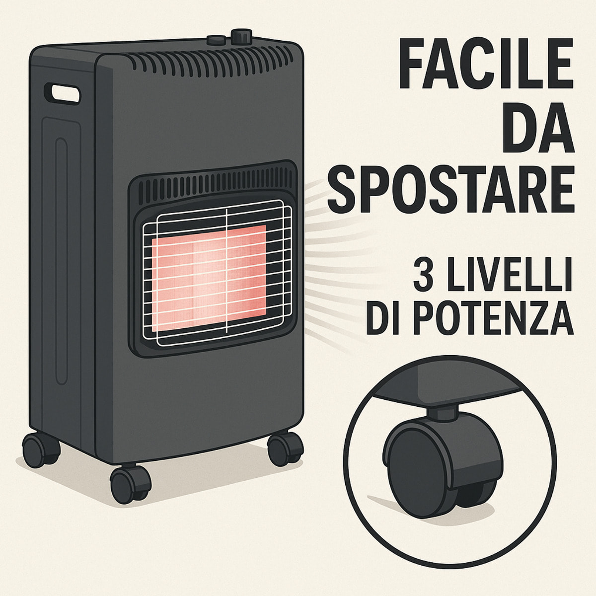 Stufa a Gas GPL 4,2 kW 3 Livelli Pannelli Infrarossi Accensione Piezoelettrica CE Sicurezza ODS Antiribaltamento Ruote Adatta fino 60m³ Bombole 15 kg
