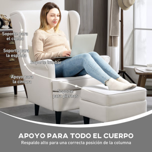 Sillón con Reposapiés Sillón Lectura con Respaldo Alto Capitoné Patas de Madera Almohada Acolchada y Tapizado en Lino Butaca para Salón Dormitorio Oficina Beige