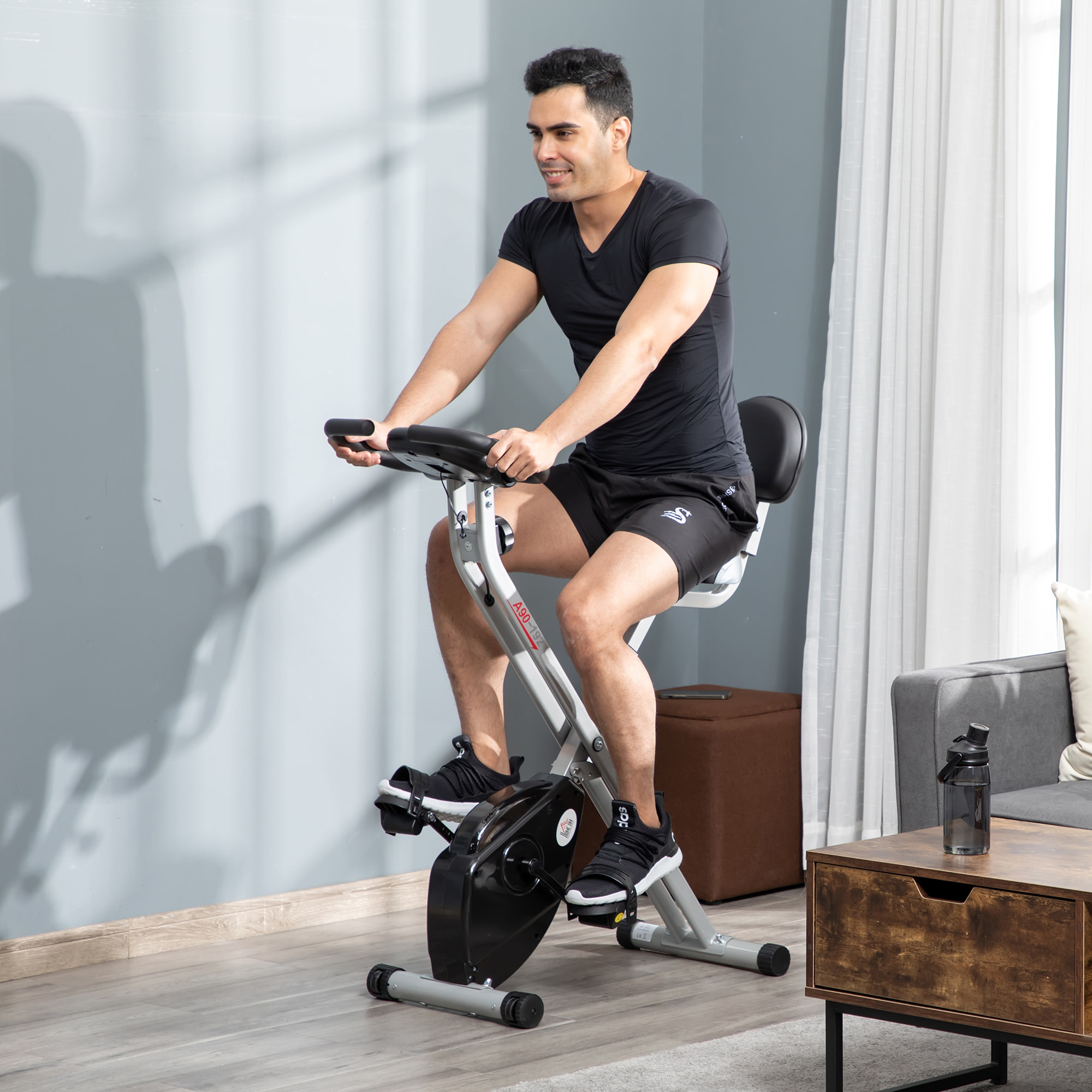 Bicicleta Estática Plegable con Respaldo, Bici Estática con 8 Niveles de Resistencia Magnética, Volante, Pantalla LCD, Pulsómetro, Sillín Ajustable, Carga 110 kg para Hogar Ahorra Espacio Gris