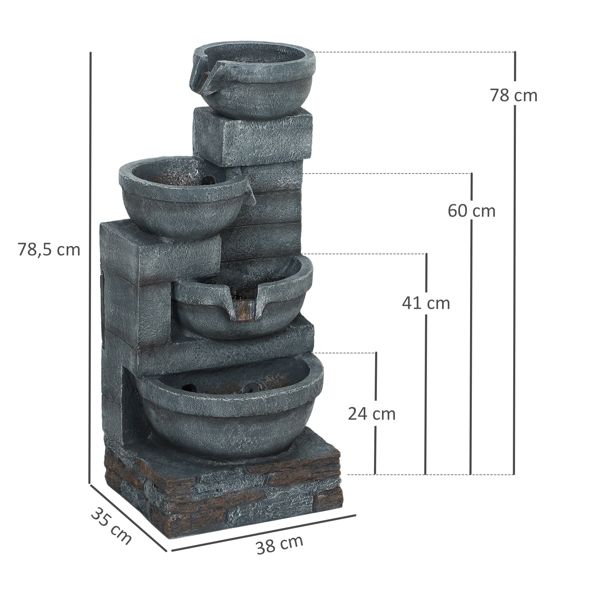 Fuente de Agua Fuente de Jardín con Iluminación LED Fuente Decorativa en Cascada de 4 Niveles para Jardín Patio Terraza 38x35x78,5 cm Gris
