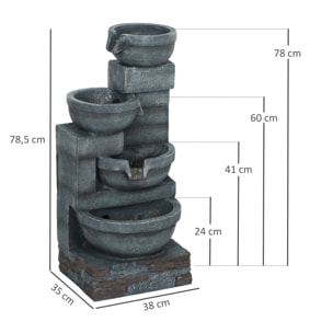 Fuente de Agua Fuente de Jardín con Iluminación LED Fuente Decorativa en Cascada de 4 Niveles para Jardín Patio Terraza 38x35x78,5 cm Gris