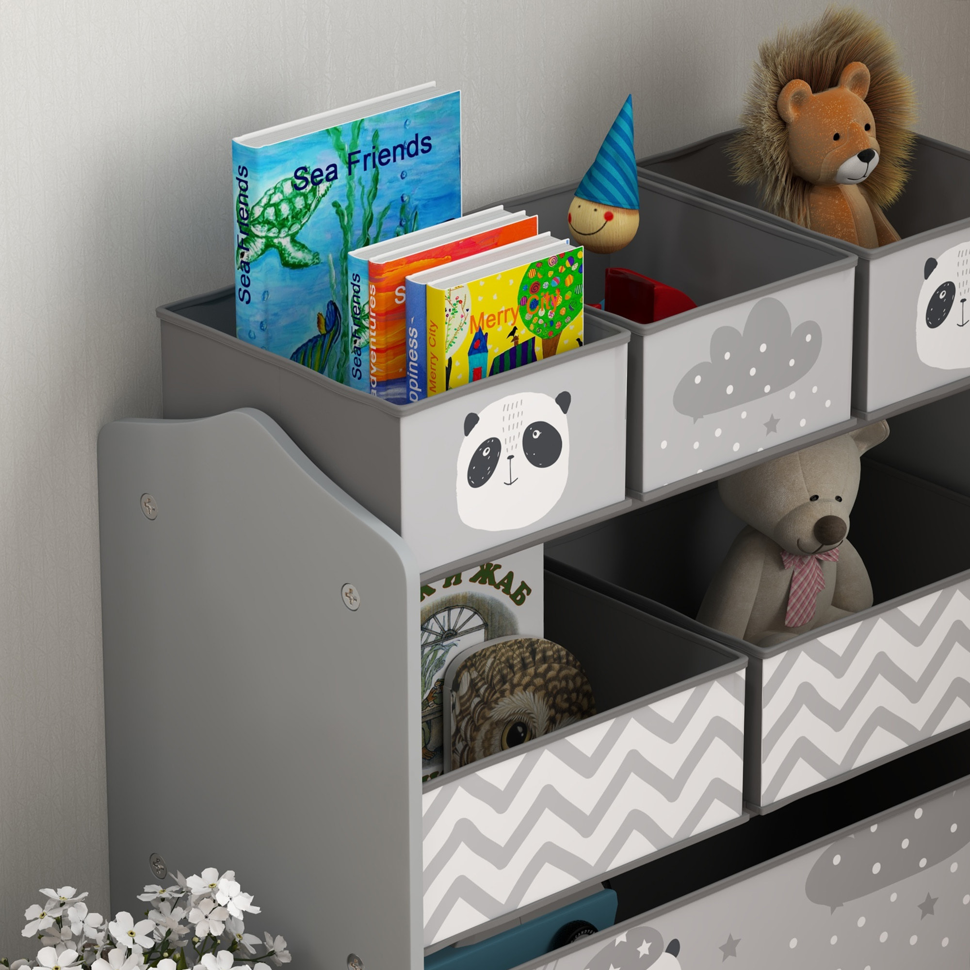 Étagère de rangement enfant design night panda - 6 tiroirs - MDF tissu non tissé - gris
