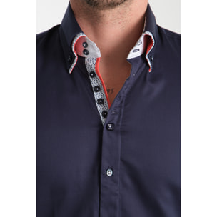 Camicia Uomo 2 Bottoni Button Down 7bottoni Doppio Coll Satin Unito Blu