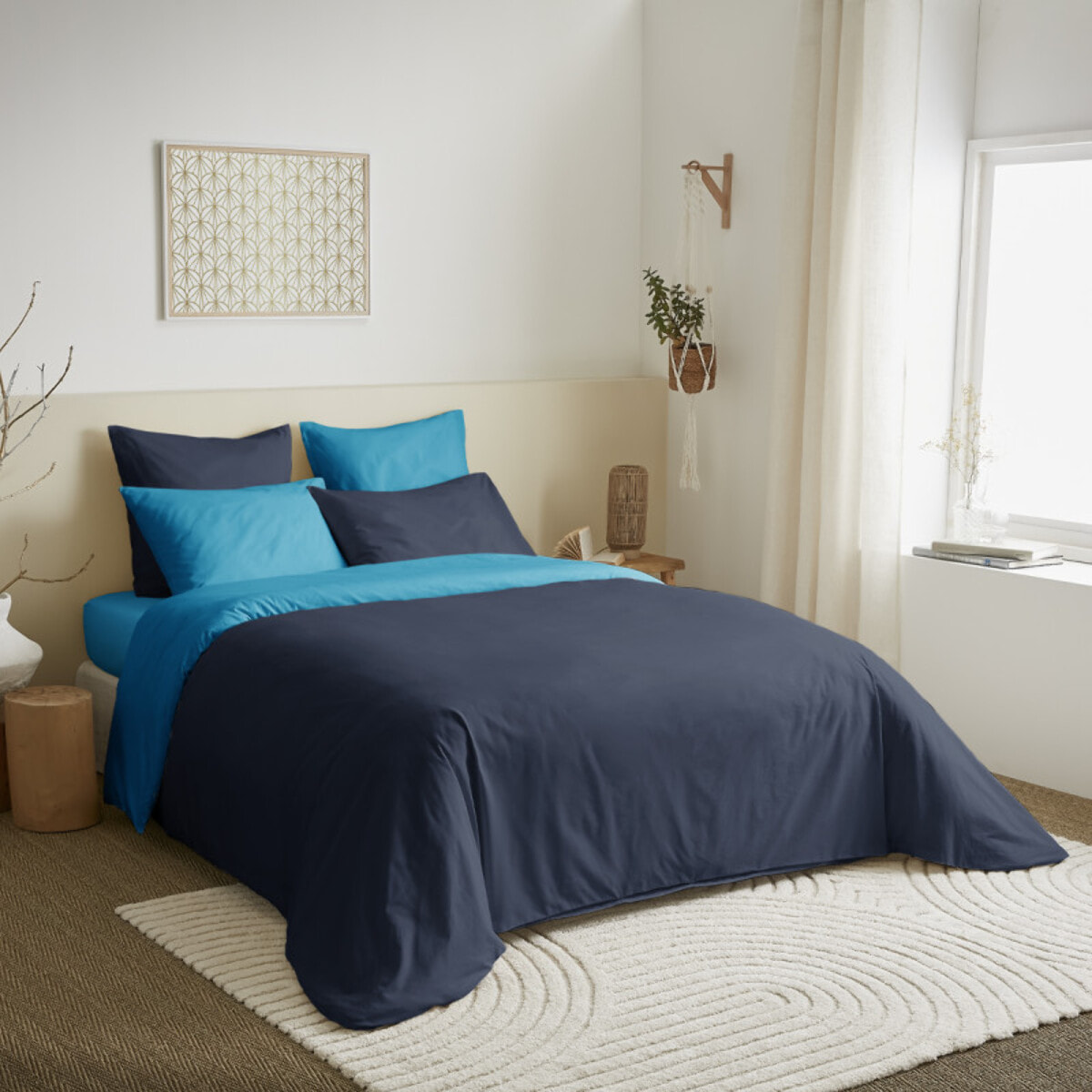 Pack complet 6 pièces Marine/Turquoise réversible housse de couette