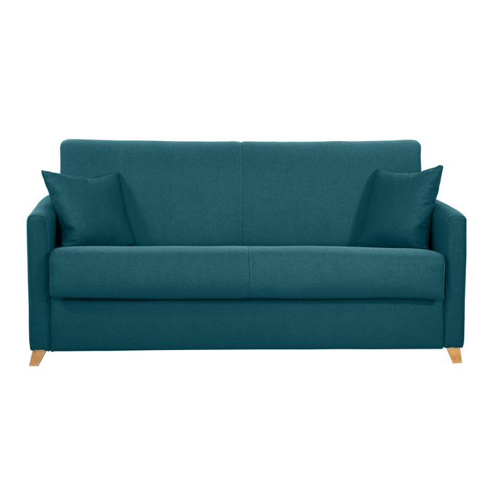 Canapé convertible 3 places en tissu bleu canard et bois clair avec matelas 18 cm SKANDY