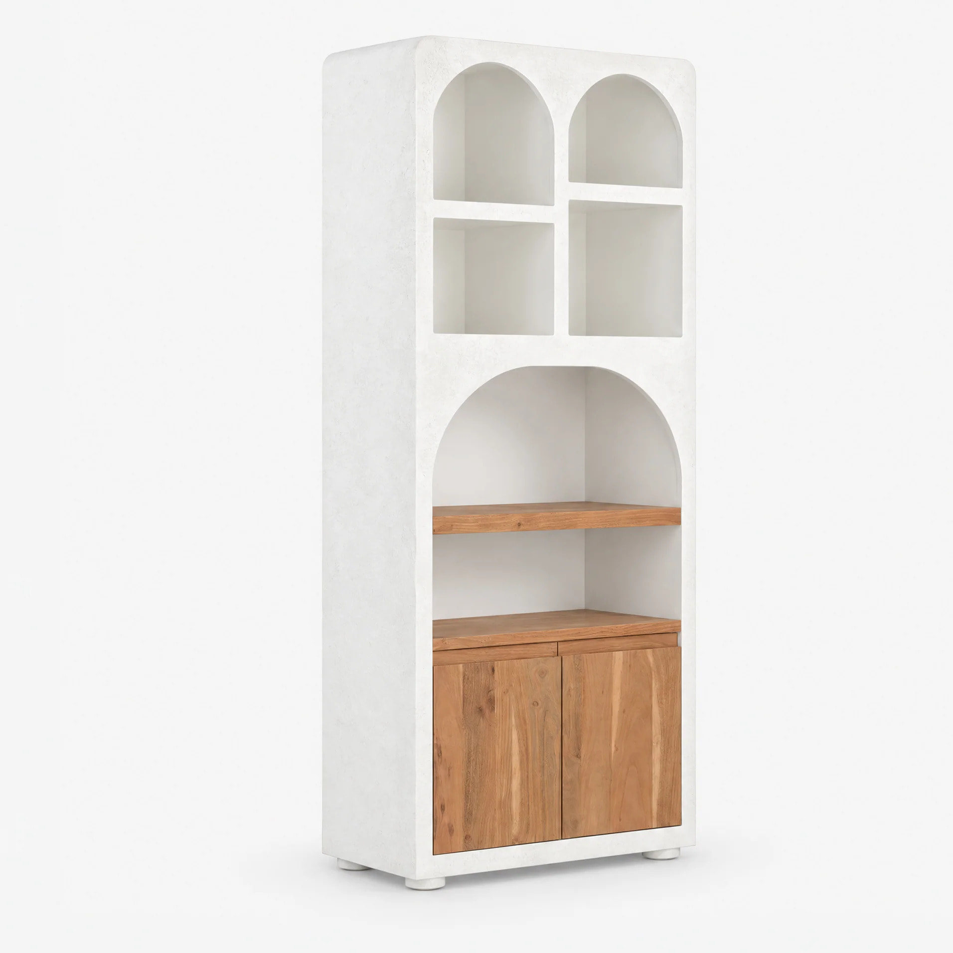 Bibliothèque en plâtre blanc cassé et bois d'acacia - Fira