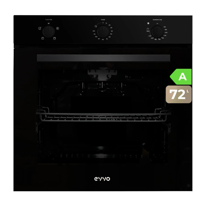 EVVO Horno integrable H10, 72L, clase A, 4 programas, grill, temporizador, mando selector, puerta triple acristalamiento, negro