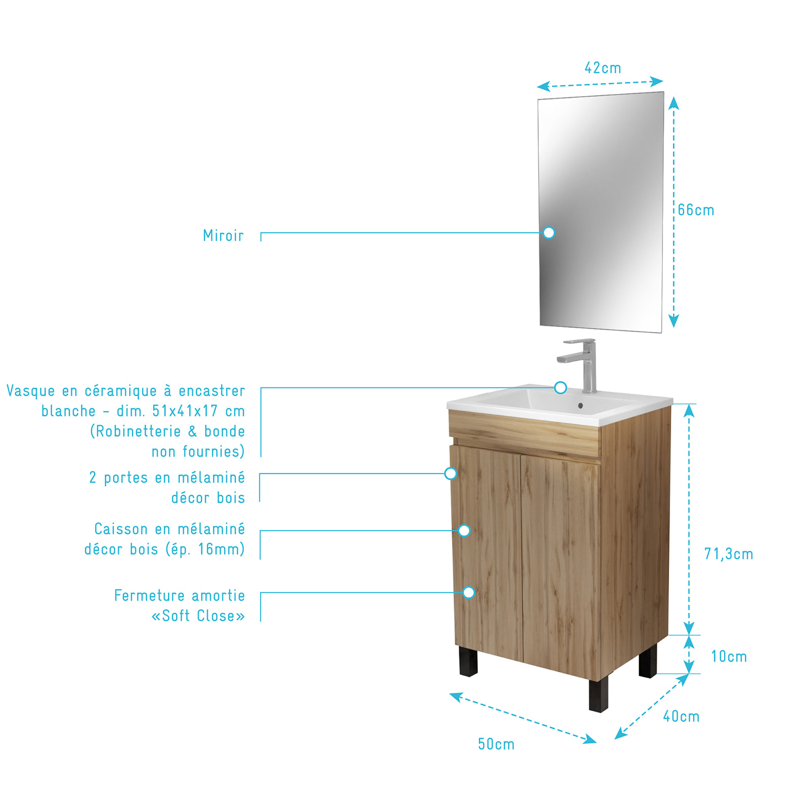 Meuble de Salle de Bains 50 cm Décor Chêne Naturel - Vasque Blanche et Miroir 42x66