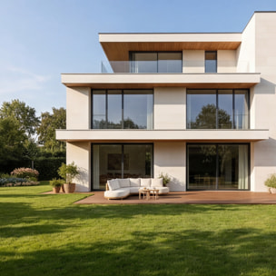 Salon de jardin 5 places en acacia et coussins beige LAGOA