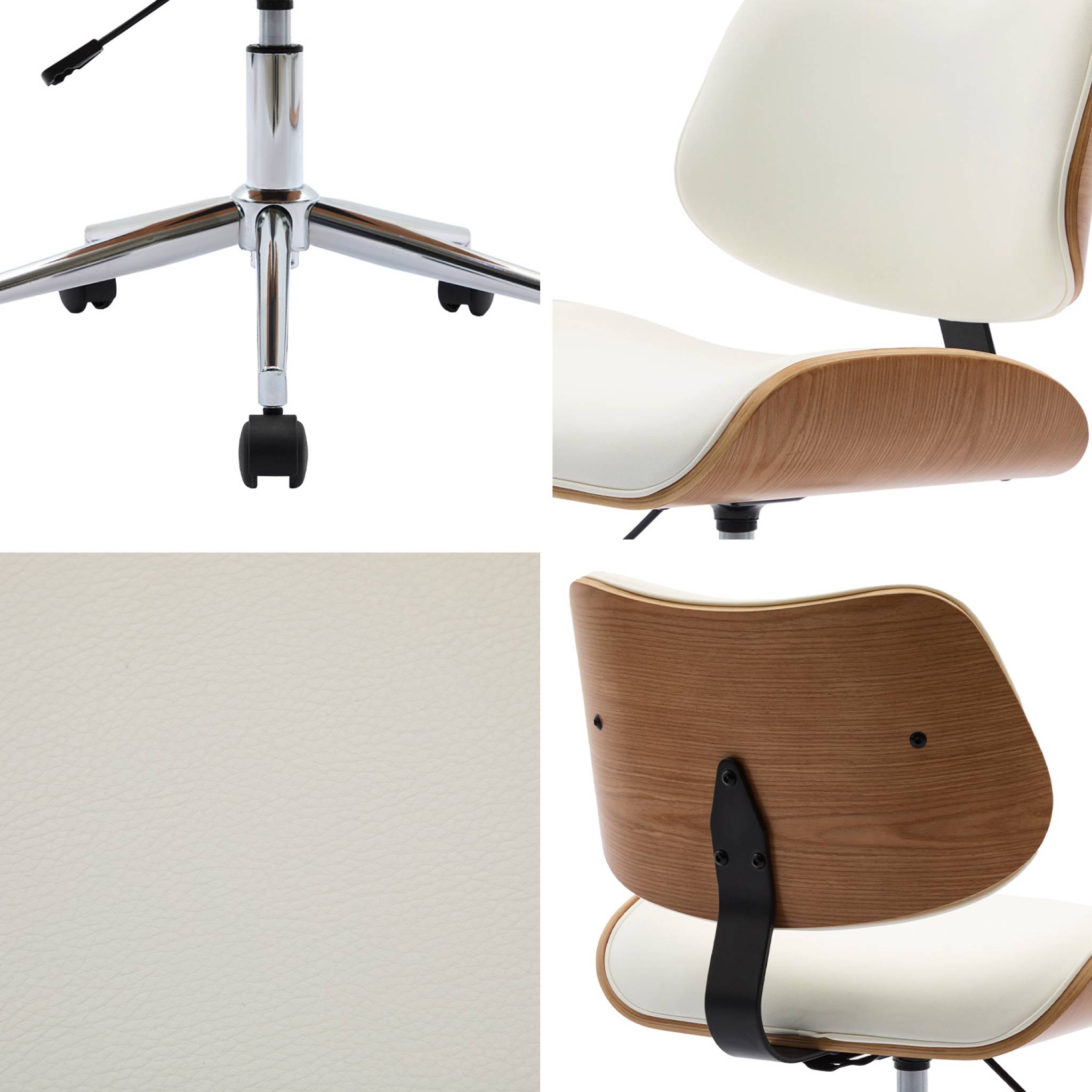 Chaise de bureau à roulettes décor bois courbé placage effet chêne et simili cuir blanc