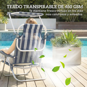 Pack de 2 Sillas de Playa Plegables con Dosel Ajustable, Respaldo Reclinable en 6 Posiciones y Reposacabezas, Sillas Bajas Portátiles con Brazos Carga 120kg para Acampada Jardín Azul y Blanco