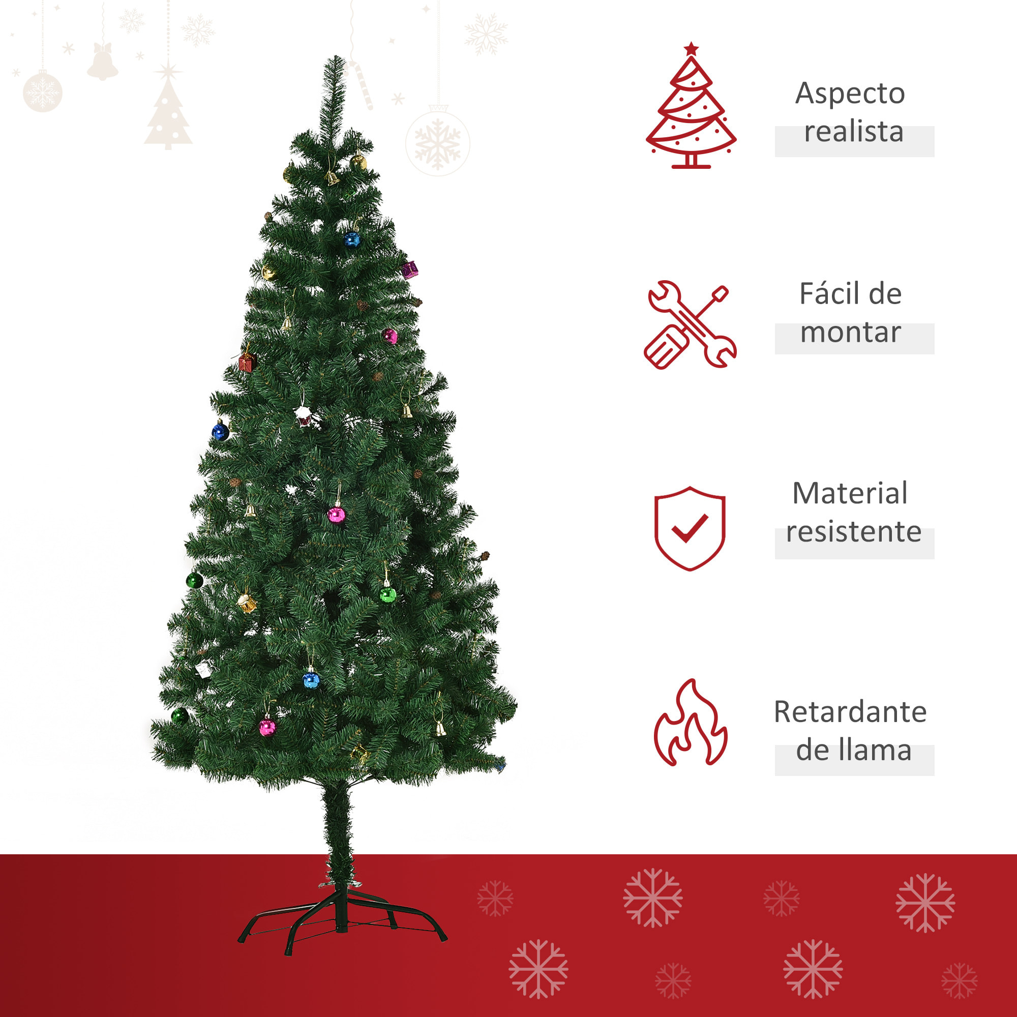 árbol de Navidad 180cm Artificial Pino con Adornos Decorativos 48 Pcs y Soporte Metálico Color Verde árbol Realista para Decoración Navidad
