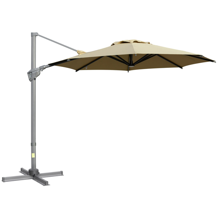 Parasol déporté octogonal inclinable pivotant 360° manivelle dim. 3L x 3l x 2,5H m alu. acier époxy polyester kaki