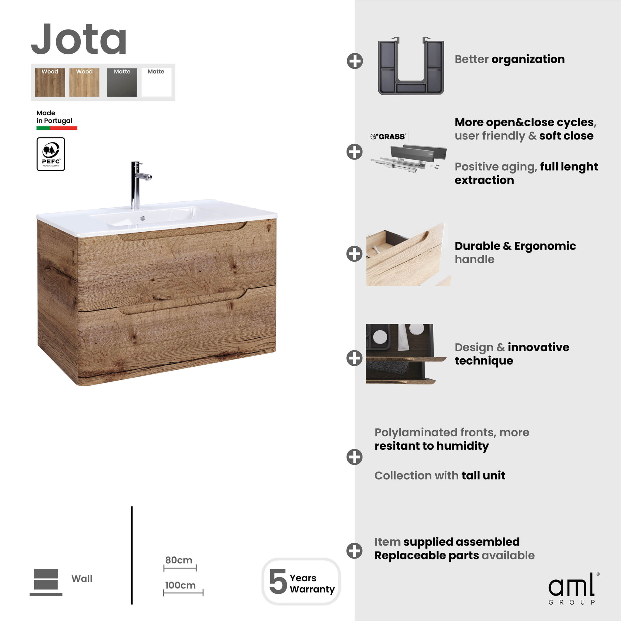 Meuble de salle de bains 80cm 2 tiroirs Chêne Clair - Vasque céramique blanche - JOTA